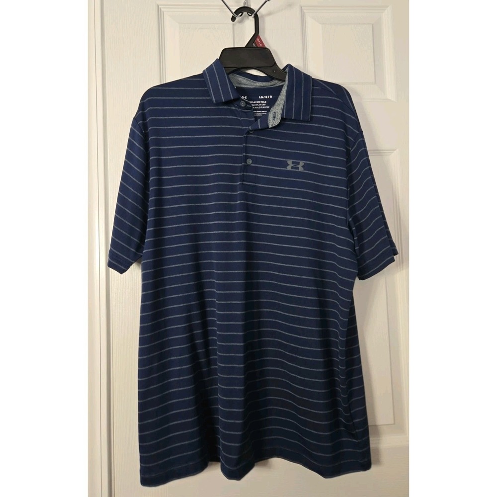 Under Armour Mens Striped The Playoff Polo Navy & Grey Size Large Short Sleeve